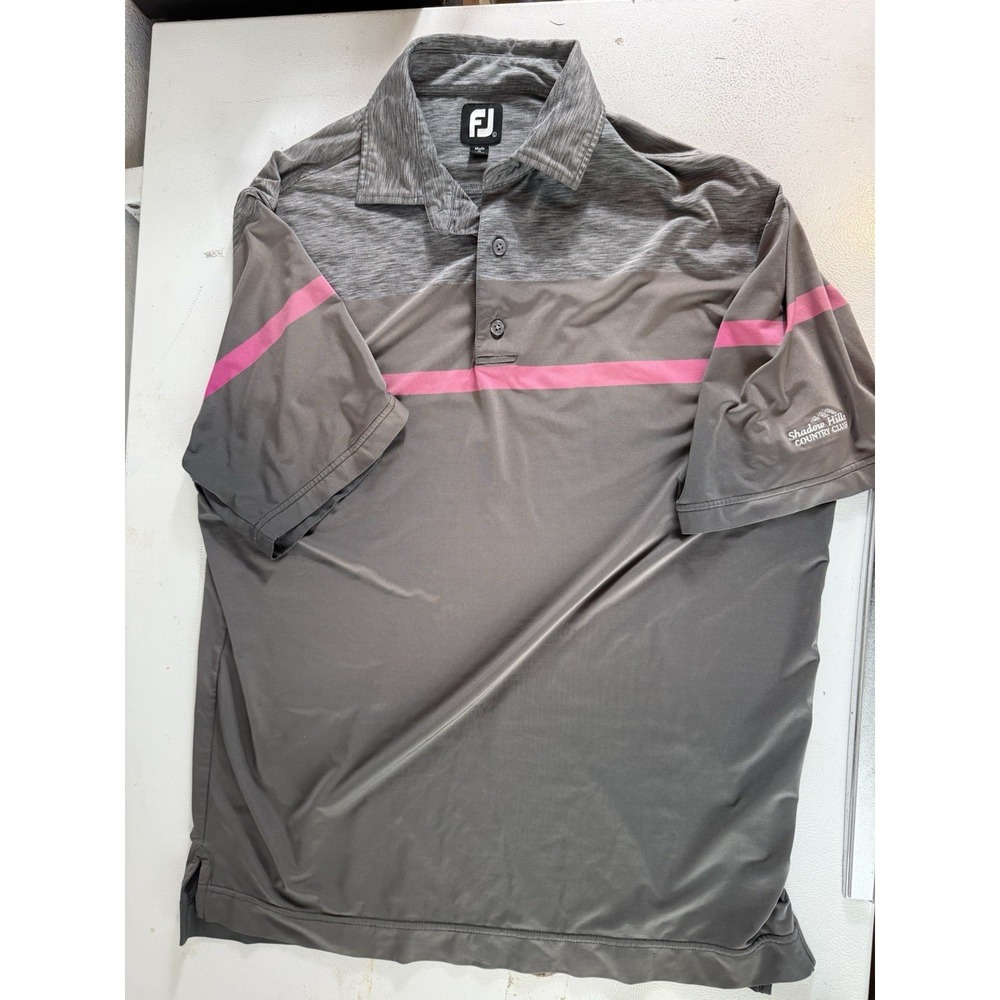 FootJoy Mens Large Gray Pink Striped Performance Golf Polo Shadow Hills‎